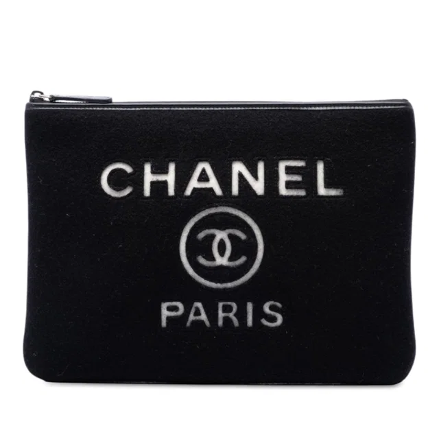 Black Chanel Medium Wool Felt Deauville O Case Clutch in Black Wool from Designer Revival