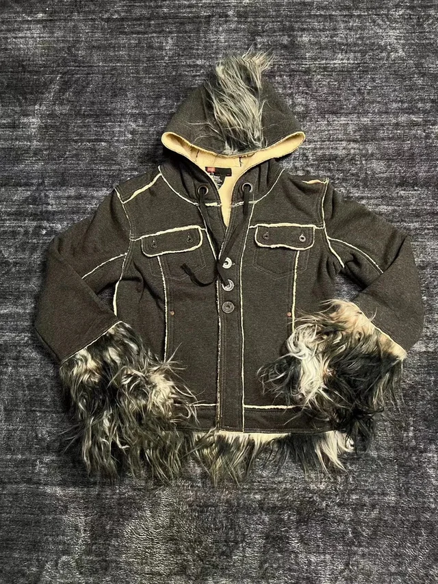 Diesel 08aw Hooded Fleece Jacket Faux Fur Trim Ivory Stitch in black from Grailed