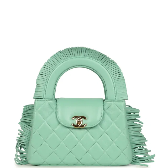 Chanel Small Fringe Kelly Green Lambskin Gold Hardware in Green Lambskin from Madison Avenue Couture