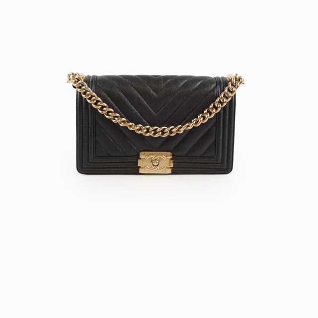 Chanel Old Boy Medium Caviar Chevron Black in Black Caviar leather from The Purse Affair