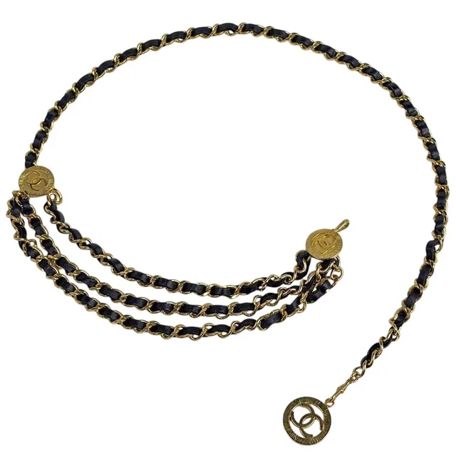 Chanel CC Logo Chain Belt Triple Strand Leather Gold Black in Black Leather from The Reluxe