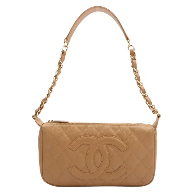 Chanel Circa 2004 Caviar Leather CC Mark Stitch Shoulder Bag, Beige in Beige Caviar leather from VINTAGE QOO TOKYO