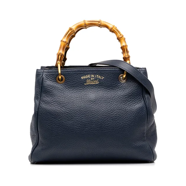 Blue Gucci Small Calfskin Bamboo Shopper Satchel in Blue Calfskin from Designer Revival