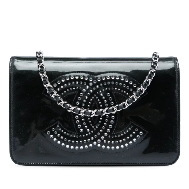 Black Chanel CC Patent Strass Embellished Wallet On Chain Crossbody Bag in Black Patent leather from Designer Revival