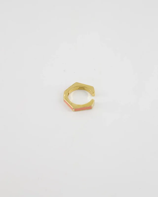 Fendi Gold Enamel Hexagonal Baguette Ring with pink Enamel Detail Size M in Pink from Sellier, photo 5 of 6