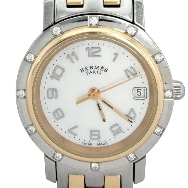 Hermès Watch Clipper Cles Motif Date Combo SS Battery Powered White Shell Dial in White from The Reluxe