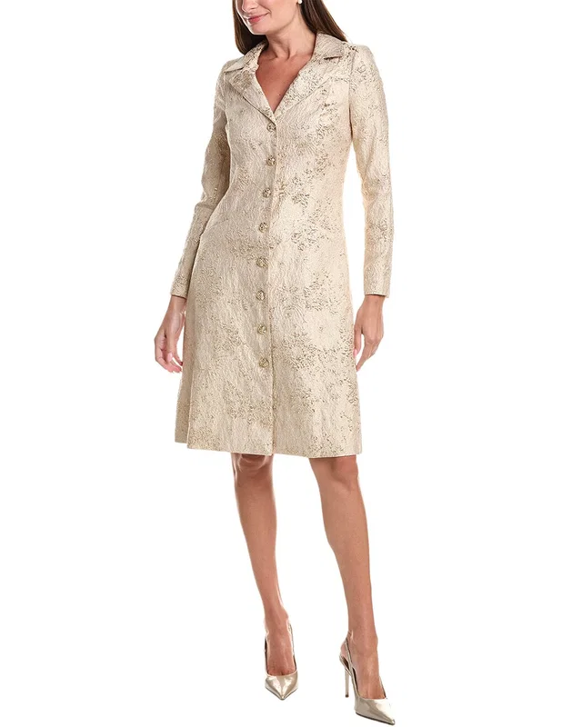 Teri Jon by Rickie Freeman Metallic Jacquard Gold Button Coat Dress in //asset1.ruecdn.com/images/sw/105079/1050791720_RLSW_gold.jpg, image 1 of 1 from Rue La La