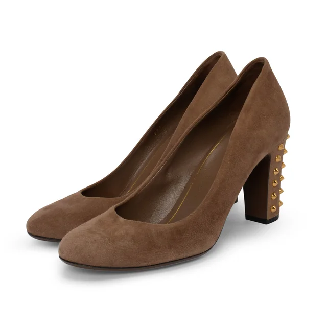 Gucci Studded Heel Pumps 38 in Dark Beige Suede from Blue Spinach