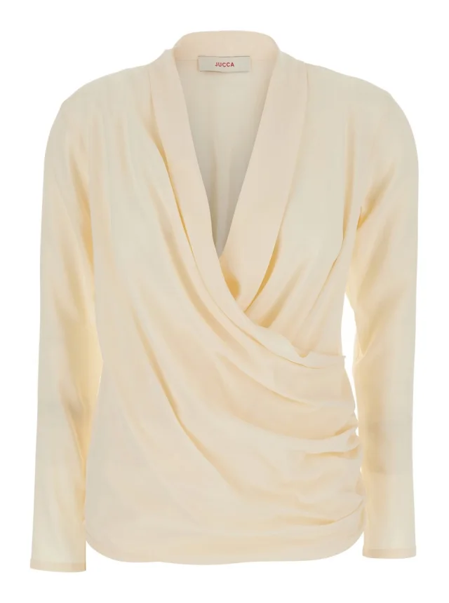 White V-Neck Blouse with Draping on the Front for Women in White, image 1 of 1 from Gaudenzi Boutique