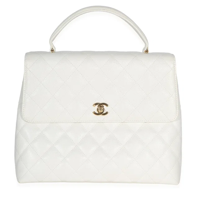 Chanel 24k Vintage White Quilted Caviar Kelly Top Handle Bag in White Caviar leather from myGemma