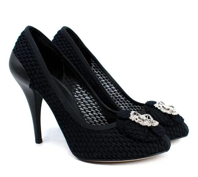 Chanel Black Crochet Floral Applique Heels in Black Leather from HEWI