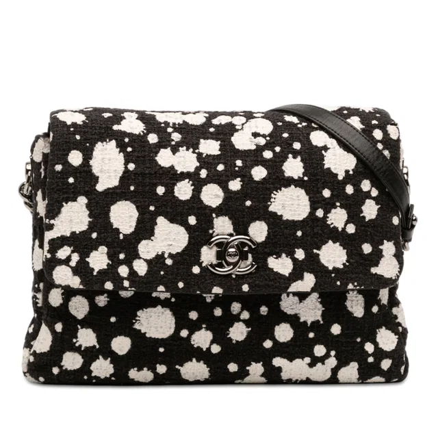 Black Chanel CC Tweed Paint Splatter Flap Crossbody Bag in Black Tweed from Designer Revival