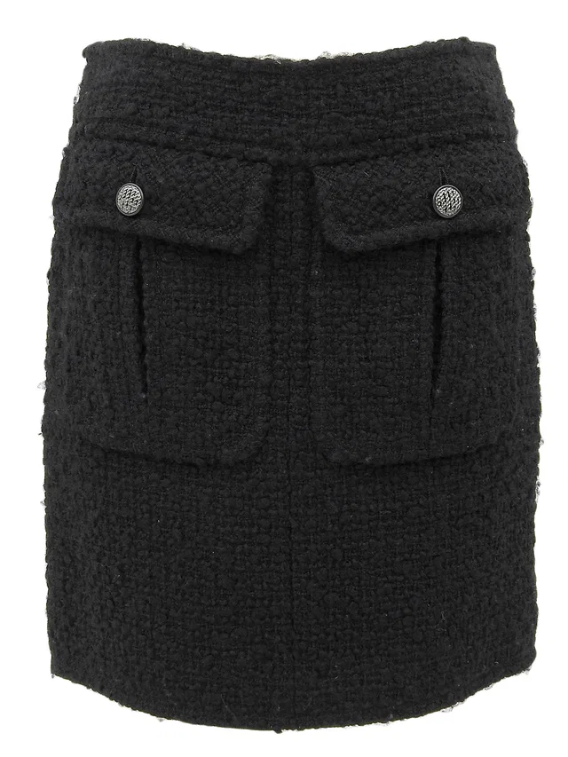 Chanel Tweed CC Mark Chain Design Button Skirt #38 Black in Black Tweed from VINTAGE QOO TOKYO