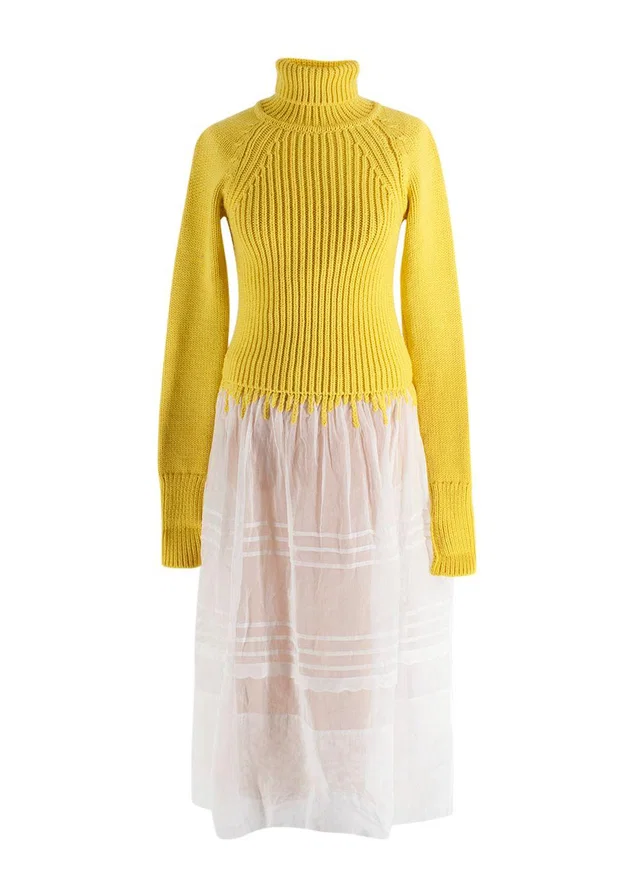 Loewe Yellow Wool Roll Neck Sheer Dress in Yellow Wool from HEWI