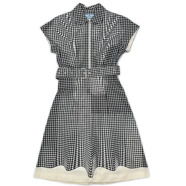 Prada Gingham Check Waist Ribbon Half Zip Dress in Silk from The Reluxe