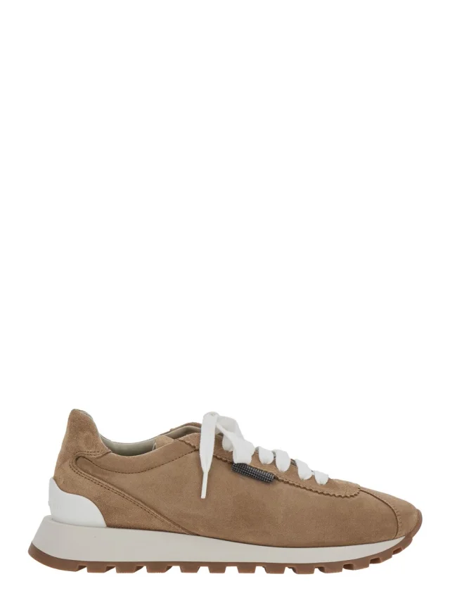 Brunello cucinelli Low Top Sneaker with Monile Detail on the Side and Lettering Logo on the Tongue in Brown Suede for Women in Brown 100% Calf from Gaudenzi Boutique, photo 1 of 1