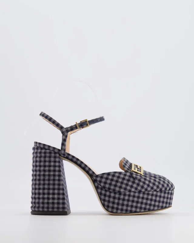 Fendi Promenade Navy and Grey Gingham Check Canvas Heeled Platform Loafers with Gold Logo Detail… in Navy Canvas from Sellier