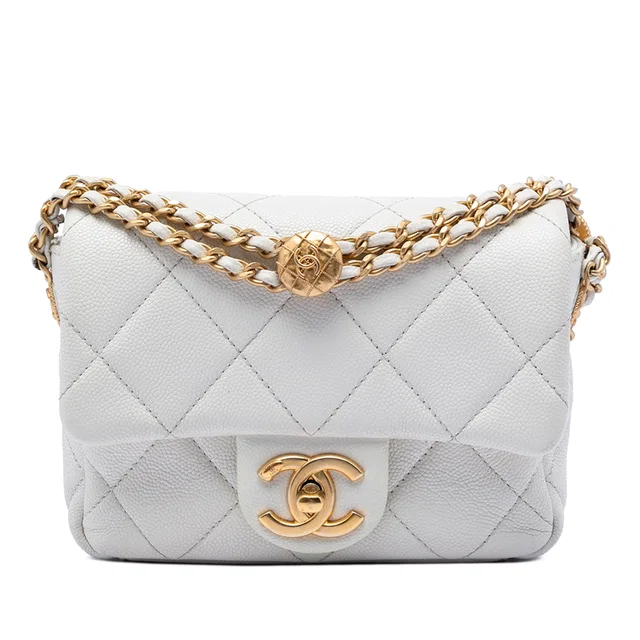 White Chanel Mini Quilted Caviar Twist Your Buttons Flap Crossbody Bag in White Caviar leather from Designer Revival