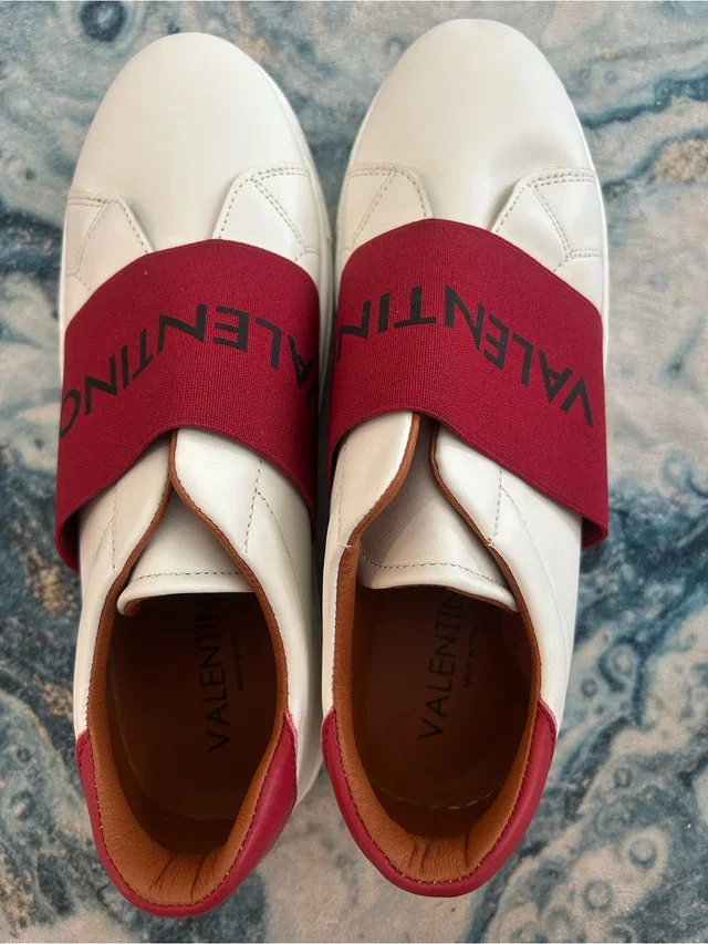Valentino Garavani White Leather Sneakers With Red Logo Band in red|white Leather from Poshmark