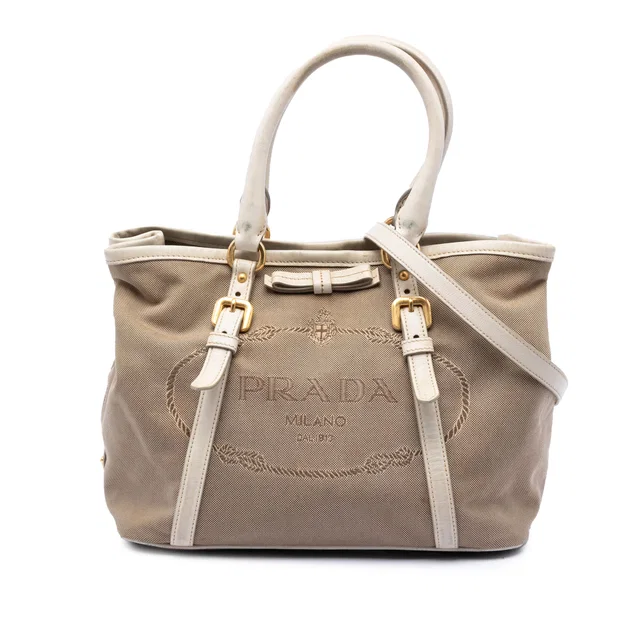 Beige Prada Canvas Canapa Logo Bow Satchel in Beige Canvas from Designer Revival