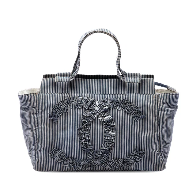 Blue Chanel CC Striped Canvas Shopper Tote in Blue Canvas from Designer Revival