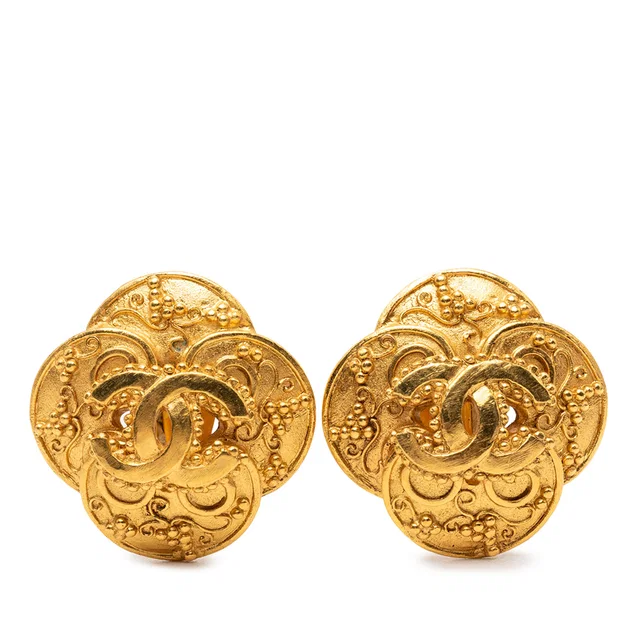 Gold Chanel CC Gold Plated Clover Clip On Earrings in Gold from Designer Revival