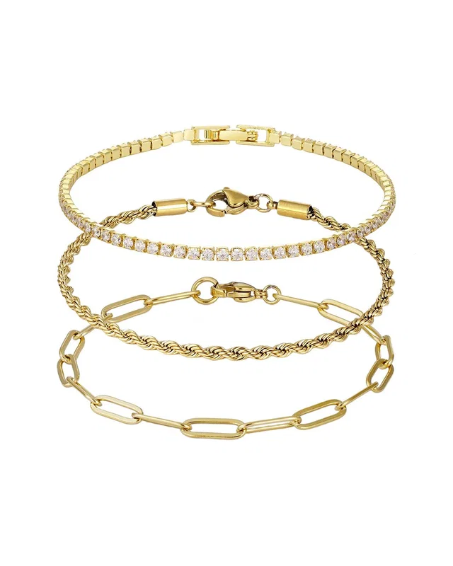 ADORNIA 18K Plated Stainless Steel Crystal Paperclip, Rope, & Tennis Bracelet Set, image 1 of 1 from Rue La La