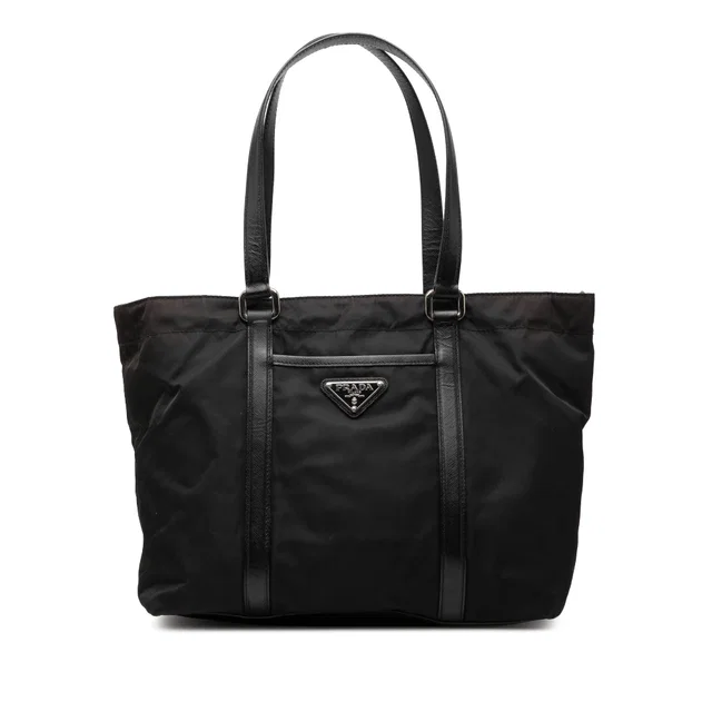 Black Prada Saffiano Trimmed Tessuto Tote in Black Saffiano leather from Designer Revival