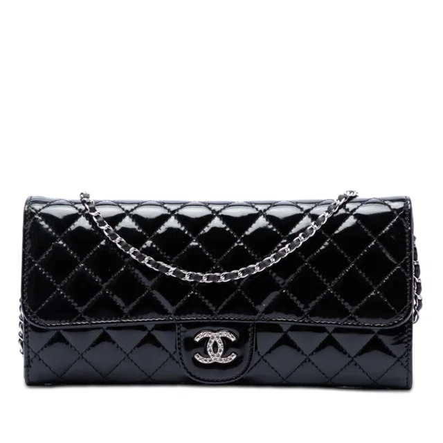 Black Chanel Quilted Patent Brilliant East West Flap Clutch with Chain Shoulder Bag in Black Patent leather from Designer Revival