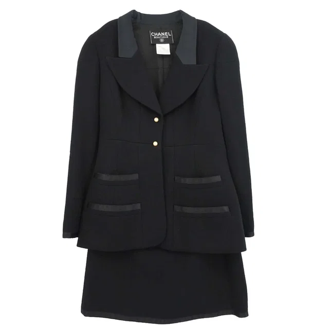 Chanel 1997 Setup Suit Jacket Skirt Black #40 in Black Wool from AMORE Vintage Tokyo
