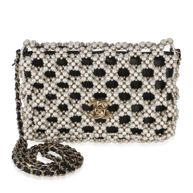 Chanel Black Gold Metal Pearl Embellished Mini Flap Bag Handbag in Black Leather from HEWI