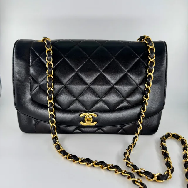Chanel Black Lambskin Matelasse Diana Crossbody in Black Lambskin from SparklesnDreams