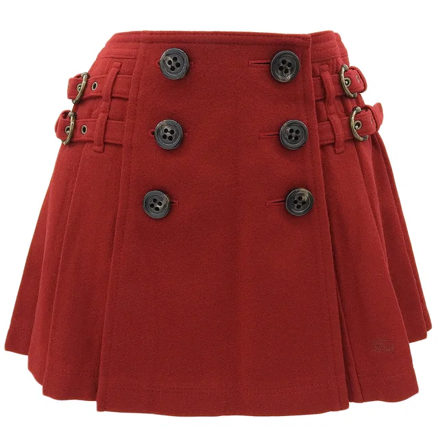 Burberry Belt design logo button pleated skirt #36 Red in Red Wool from VINTAGE QOO TOKYO