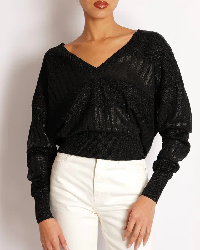 Saint Laurent Black Shimmery Panelled V Neck Jumper Size S (UK 8) in Black Silk from Sellier