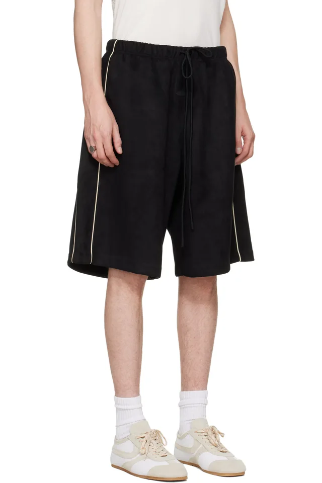 Fear of God ESSENTIALS Black Signature Relaxed Faux-Suede Shorts, photo 2 of 4 from SSENSE