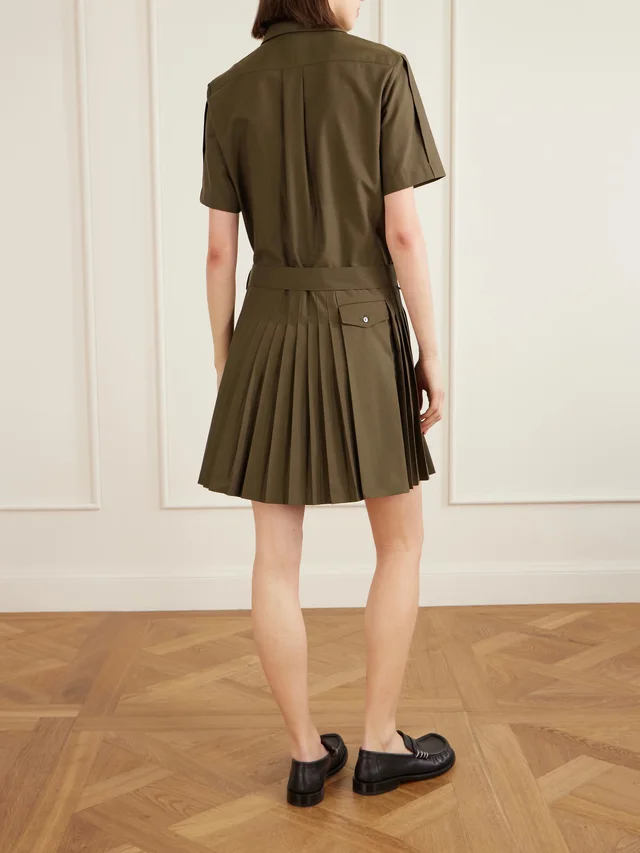 LOEWE Belted pleated cotton-blend mini shirt dress in army green 54% Cotton 46% Polyester, photo 3 of 4 from NET-A-PORTER (Canada)