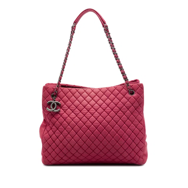 Red Chanel Large Quilted Iridescent Calfskin New Bubble Tote in Red Calfskin from Designer Revival