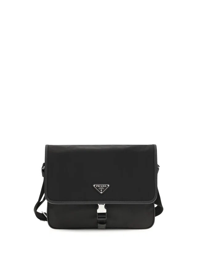 Prada Re-Nylon And Saffiano Shoulder Bag — Black Recycled Polyamide in Black Saffiano leather from HEWI