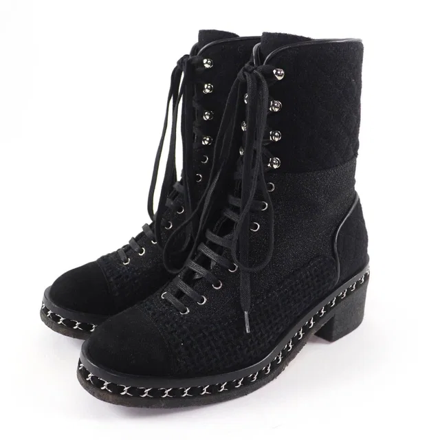Chanel Suede Leather CC Logo Quilted Combat Boots Short in Suede from The Reluxe
