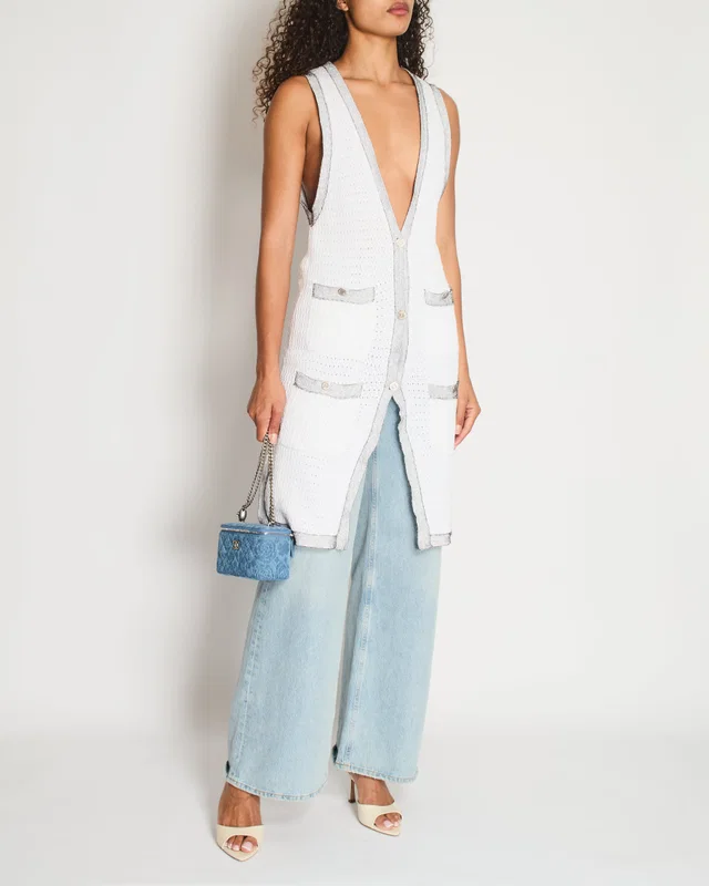 Chanel White Long Line Button Down Vest with Pocket Detail FR 38 (UK 10) in White Silk from Sellier