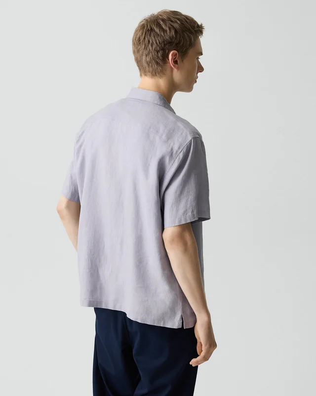 Theory Irving Short-Sleeve Shirt in Relaxed Linen in GRAY LILAC 100% Linen, photo 3 of 14 from Theory