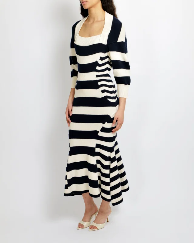 Alexander McQueen Navy and Cream Cashmere-Blend Knit Striped Maxi Dress Size M (UK 10) in White Cashmere from Sellier