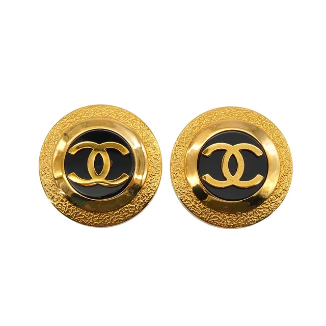 Chanel Vintage Earrings Round Cocomark Black Gold Accessory 93P in Black from Luxury Promise