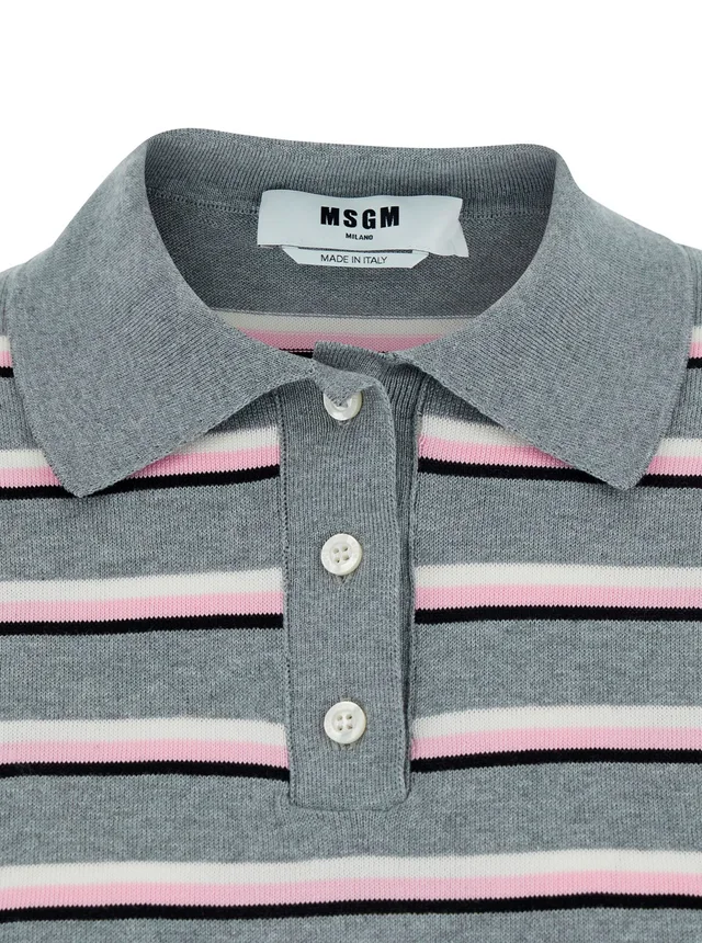 Msgm Grey Polo Shirt with Ribbed Details and All-Over Striped Motif in Cotton for Women in Grey 100% Cotton, photo 6 of 6 from Gaudenzi Boutique