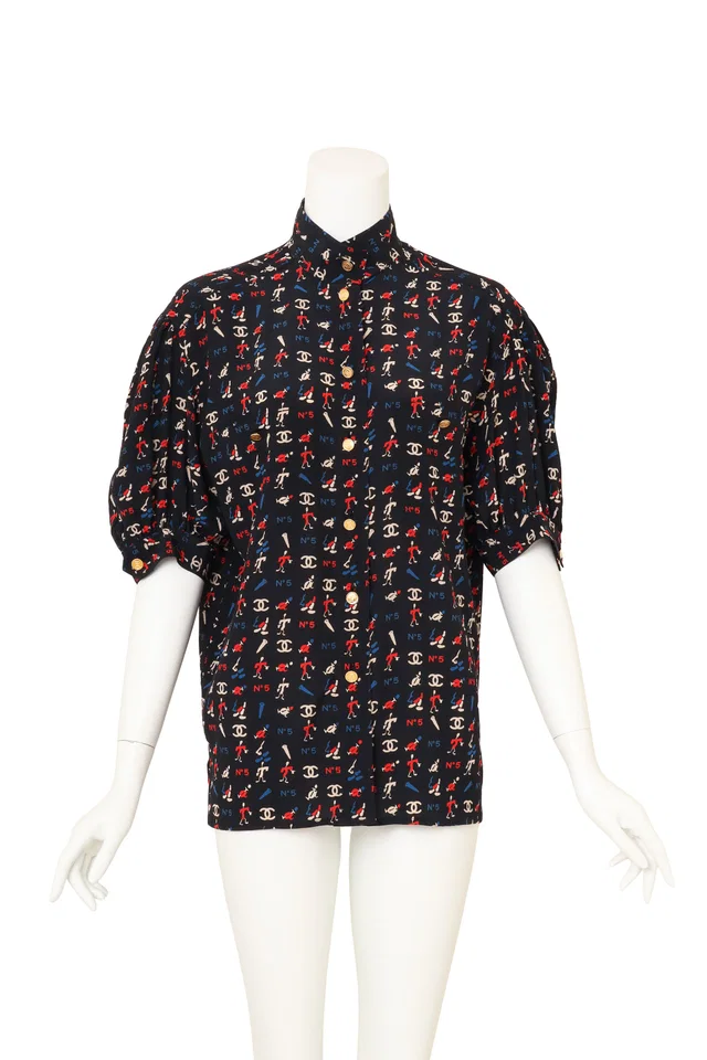 Chanel Novelty Logo Print Puff Sleeve Blouse in Silk from Recess LA