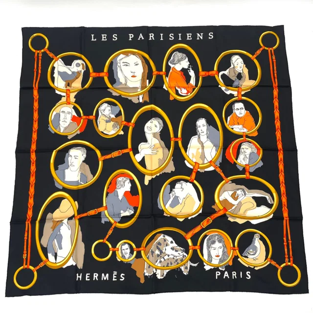 Hermès Carre 90 Scarf Silk Les Parisiens Black Gold in Black Silk from The Reluxe