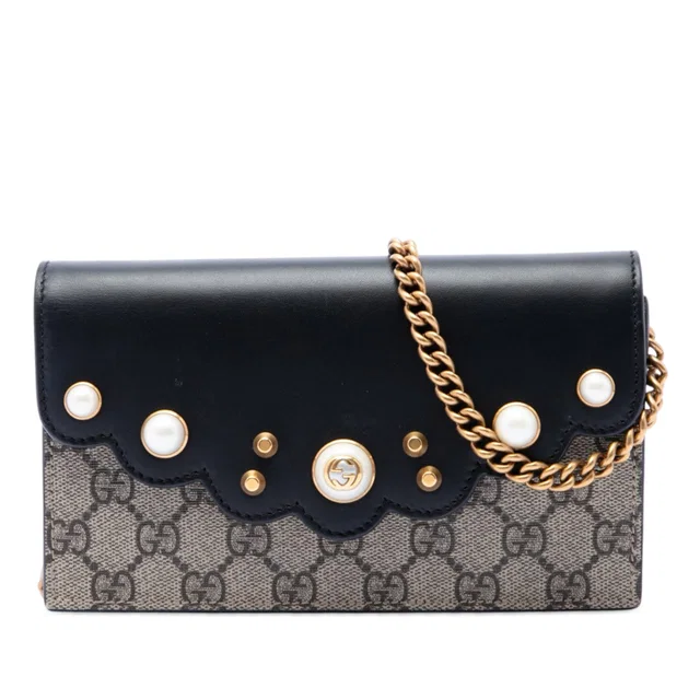 Beige Gucci GG Supreme Peony Pearly Wallet On Chain Crossbody Bag in Beige Coated canvas from Designer Revival