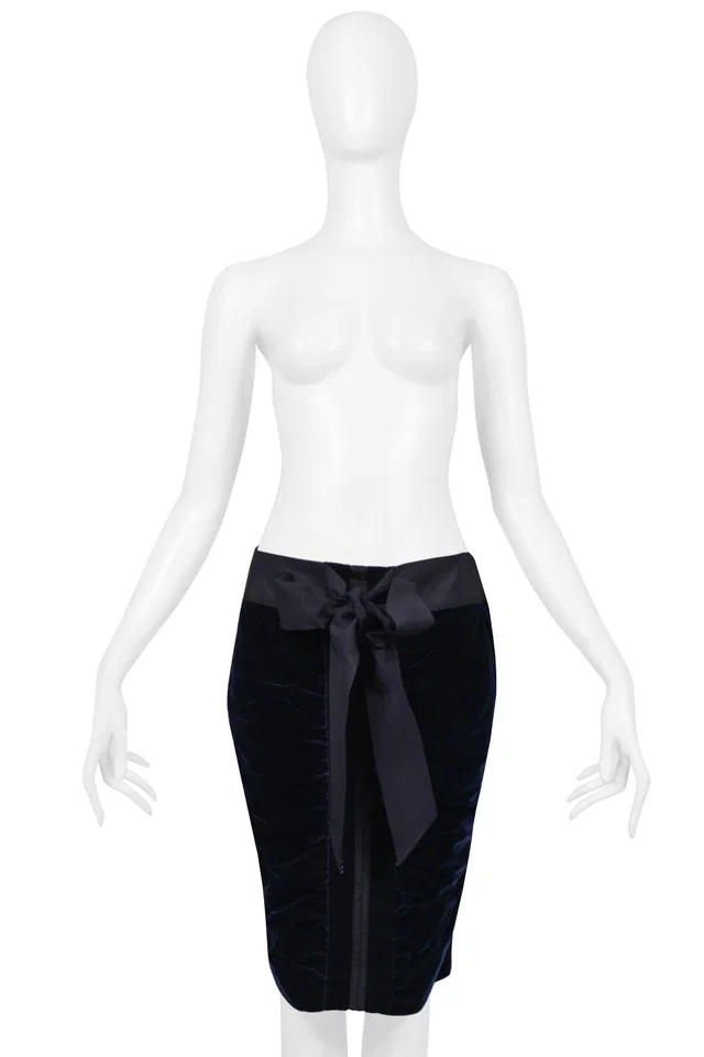 Saint Laurent By Tom Ford Blue Velvet Skirt With Bow 2002 in Blue Velvet from Resurrection Vintage