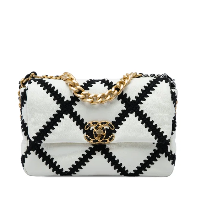 White Chanel Medium Crochet Calfskin 19 Flap Satchel in White Calfskin from Designer Revival