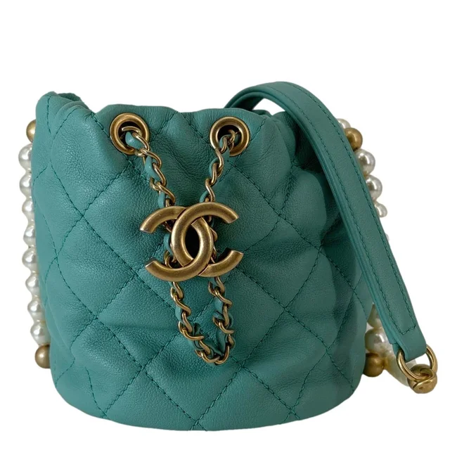 Chanel About Pearls Quilted Calfskin Leather Drawstring Bucket Bag Teal in Blue Calfskin from Dallas Designer Handbags